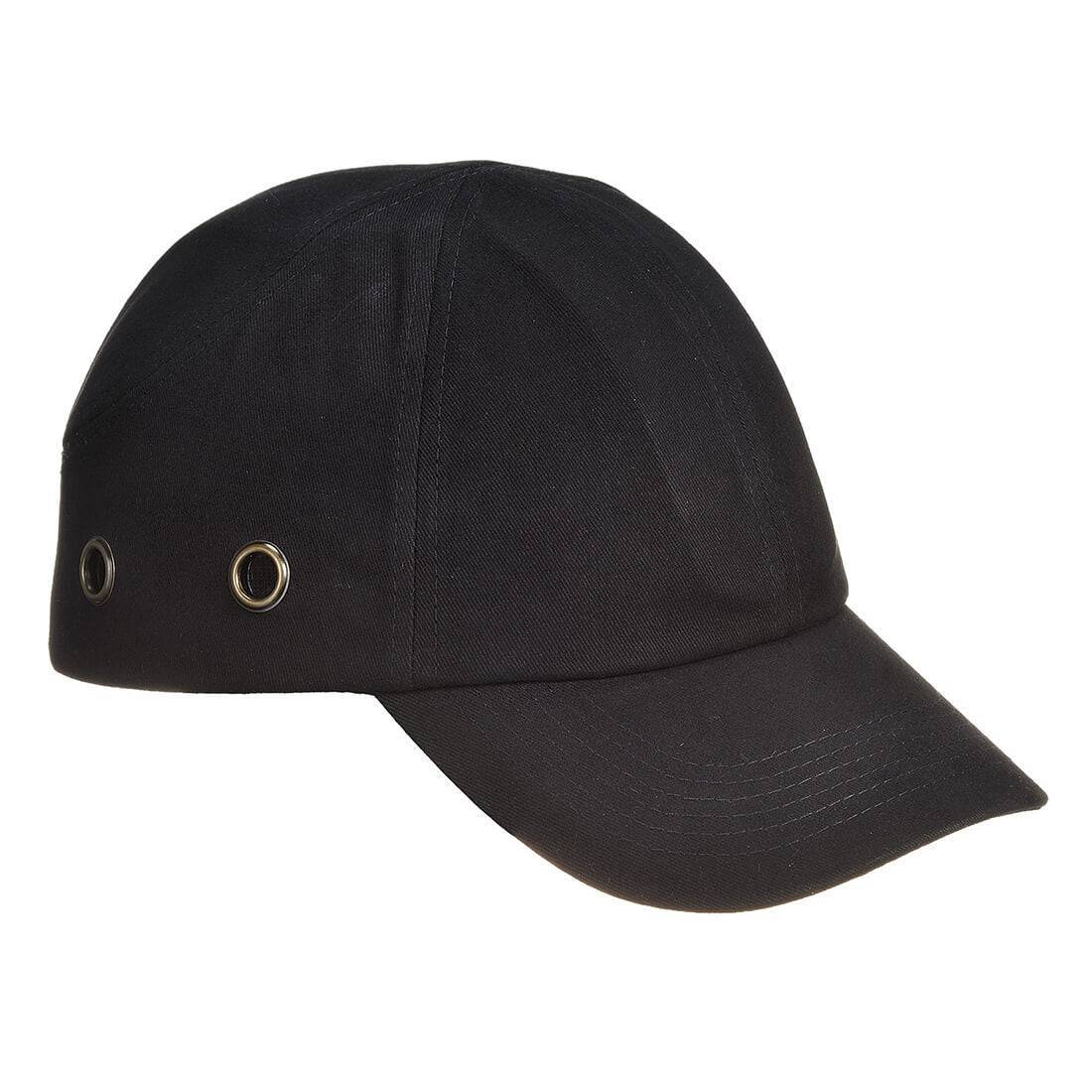 Anstoßkappe PW59 - Portwest in Schwarz mit metallischen Ringlüftungen im Baseballkappen-Stil für Arbeitsschutz im industriellen Bereich.