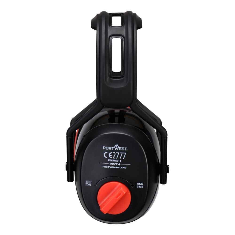 Kapselgehörschutz PW74 mit CE-Zertifizierung und manuell einstellbarem SNR-Regler von 25dB bis 35dB, geeignet für Arbeitsschutz.