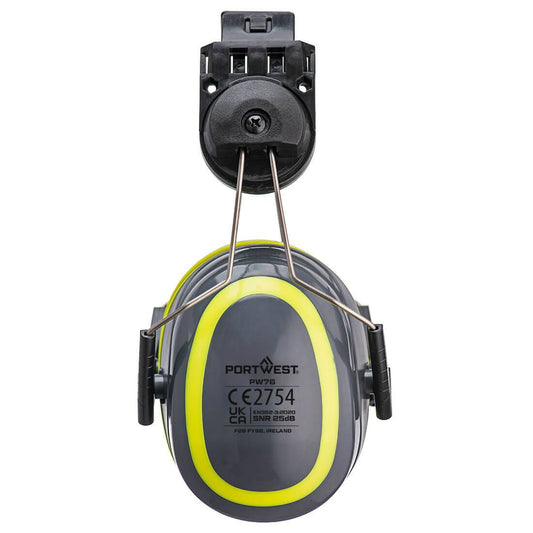 Kapselgehörschutz PW76 Clip-On in Grau/Gelb mit SNR 25 dB, kompatibel mit Portwest-Helmen. Ideal für Baustellen und Industrieeinsätze.