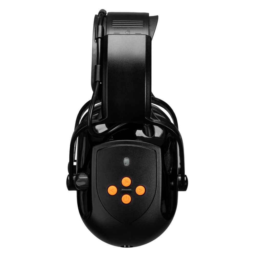 PW77 - Elektronischer Bluetooth-Kapselgehörschutz in Schwarz mit orangefarbenen Bedientasten. Ideal für kabellosen Lärmschutz im Arbeitsumfeld.