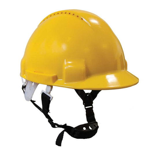 PW97 - Monterosa Schutzhelm in Gelb mit Belüftung und 6-Punkt-Gurt für Arbeiten in der Höhe, CE zertifiziert und komfortabel.