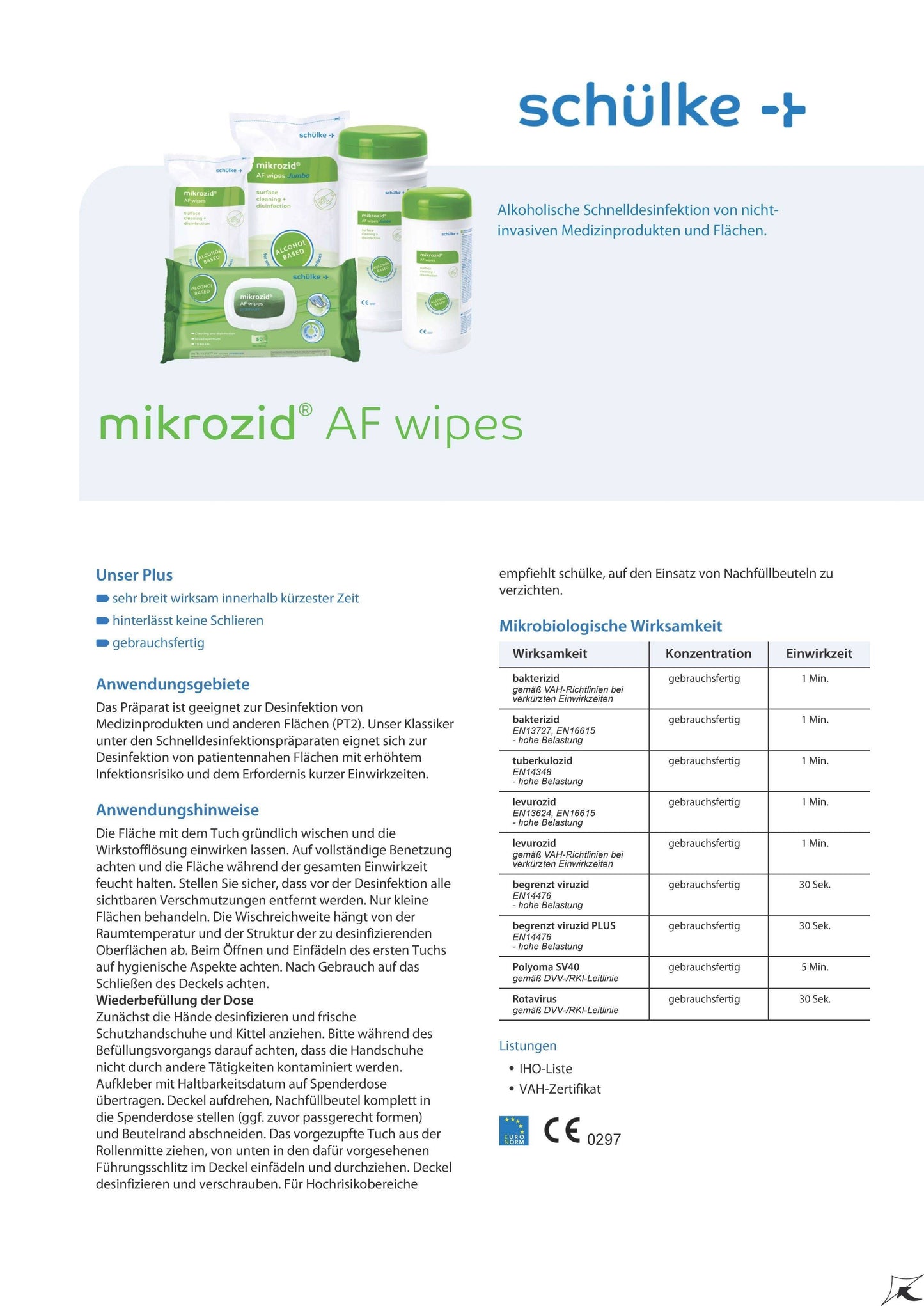 Produktinformation zu Mikrozid® AF Wipes Desinfektionstüchern mit Anwendungshinweisen, mikrobiologischer Wirksamkeit und Produktauswahl.