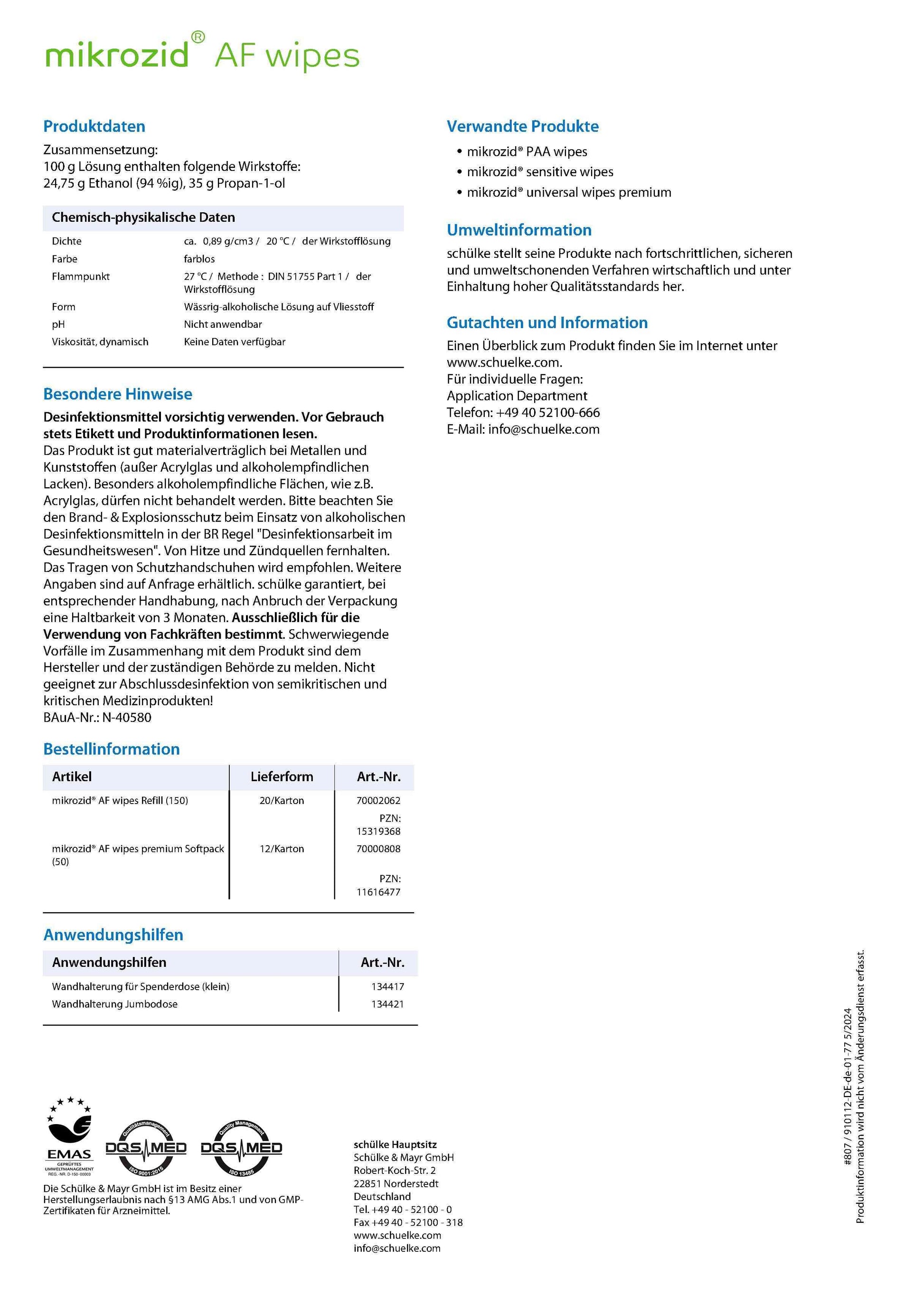 Detaillierte Produktdaten zu Mikrozid® AF Wipes Desinfektionstüchern, einschließlich Inhaltsstoffe, Anwendungshinweise und Umweltinformationen.