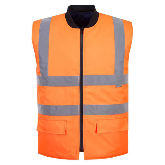 Warnweste-Wendeweste S469 in Orange mit reflektierenden Streifen, ideal für Sichtbarkeit und Wärme bei Outdoor-Arbeiten. Jetzt kaufen!
