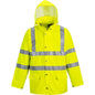 Portwest Regenjacke Ultra Warnschutz S491 in Gelb mit Kapuze, Druckknöpfen und Sealtex™-Material für optimalen Schutz bei schlechtem Wetter.