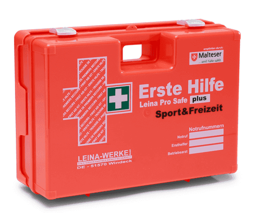Erste Hilfe Verbandkoffer Leina-Werke Pro Safe plus für Sport & Freizeit in Orange nach DIN 13169 Norm, ideal für Outdoor-Aktivitäten.