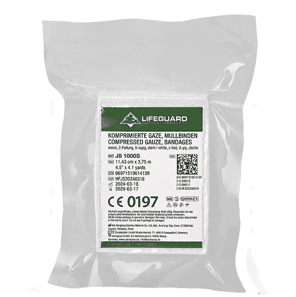 Kaufen Komprimierte Gaze Lifeguard Weiß, 6-lagig, steril verpackt in transparenter Vakuumfolie, 10 cm x 3,75 m für Erste Hilfe Sets.