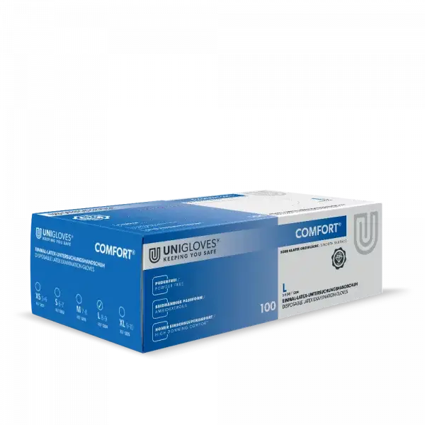COMFORT® Unigloves Einmalhandschuh Latex L in blauer Verpackung, 100 Einweghandschuhe für den Einsatz im gewerblichen und medizinischen Bereich.
