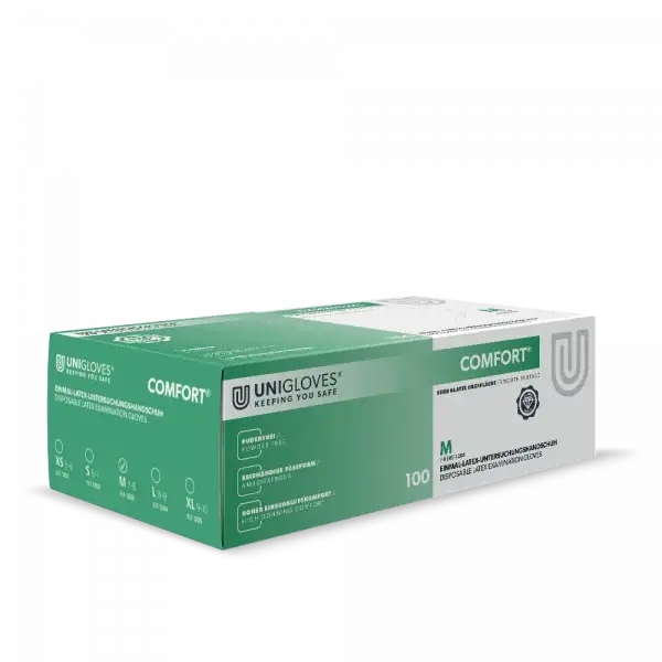 COMFORT® Unigloves Einmalhandschuh Latex M in grüner Verpackung, puderfreie Einweghandschuhe für Arbeitssicherheit und industrielle Hygiene.