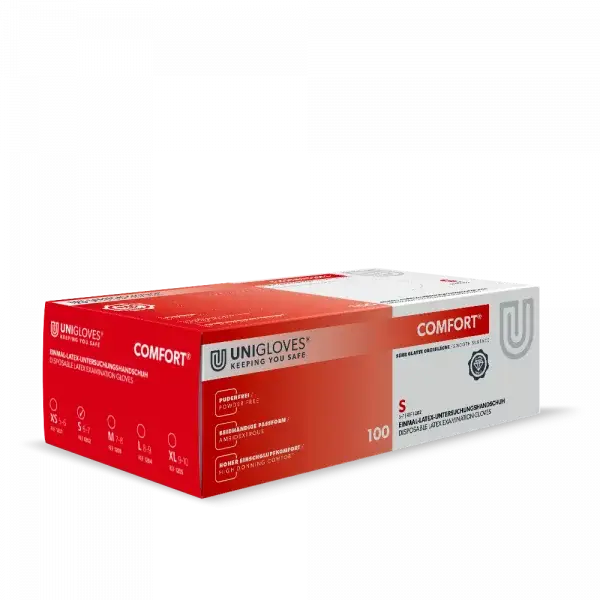 COMFORT® Unigloves Einmalhandschuh Latex S in roter Verpackung, latexfrei und puderfrei, ideal für Arbeitsschutz und Hygieneanwendungen.