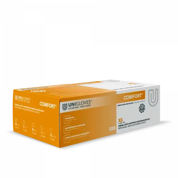 COMFORT® Unigloves Einmalhandschuh Latex XS in orangefarbener Verpackung, 100 Stück für den professionellen Einsatz in Industrie und Medizin.