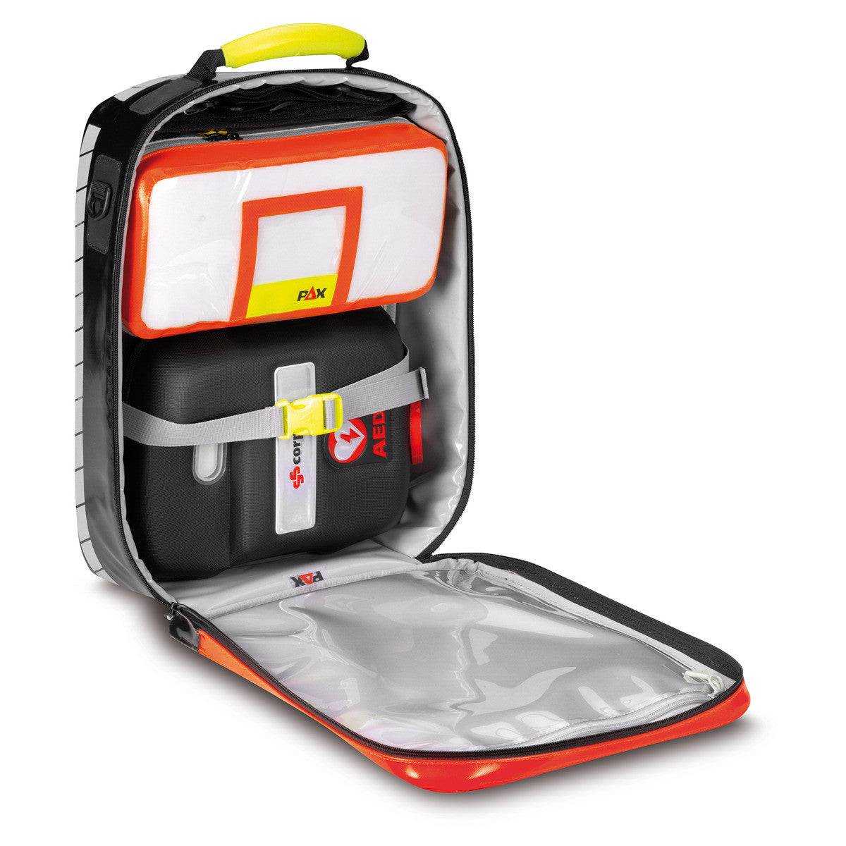 Innenansicht der AED-Tragetasche PAX mit organisiertem Stauraum für Defibrillator und Zubehör, perfekt für schnelle Notfallhilfe.