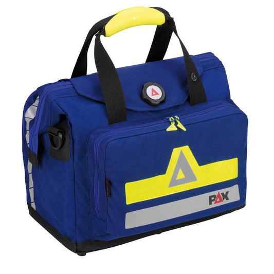 Arzt Tasche PAX M in Blau mit gelbem Griff, kompakte Arzttasche für mobilen Einsatz mit reflektierenden Elementen und robustem Design.
