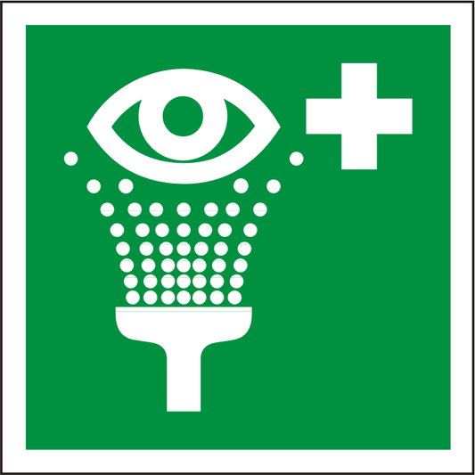 Rettungszeichen Augenspüleinrichtung nach ISO 7010 mit grünem Hintergrund, weißem Augensymbol, Duschkopf und Kreuz für Notfallkennzeichnung.