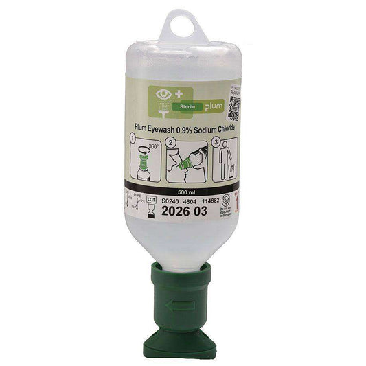 Plum Augenspülflasche 500 ml mit 0,9 % Natriumchloridlösung für Erste Hilfe bei Augenverletzungen. Sterile Salzwasserlösung zur schnellen Augenreinigung.