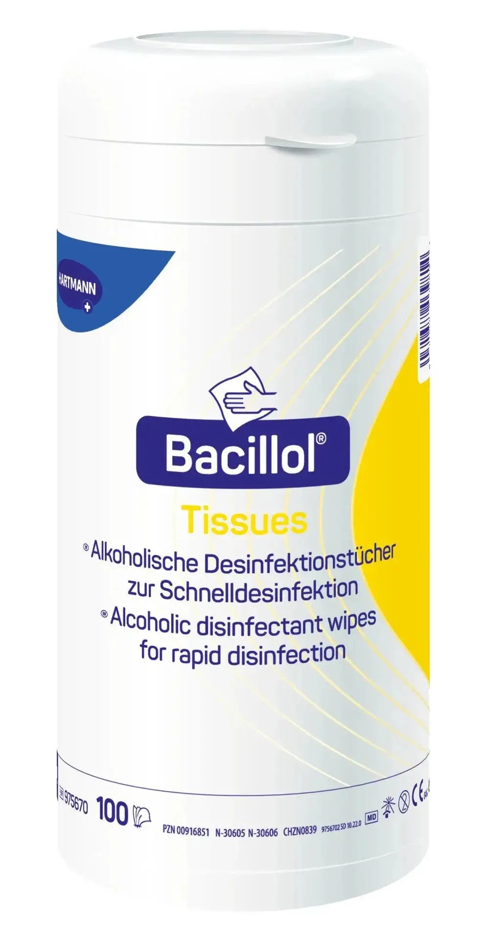 Bacillol® Tissues - Desinfektionstücher 100 in praktischer Spenderdose für schnelle Flächendesinfektion, farbstofffrei und ECARF-zertifiziert.