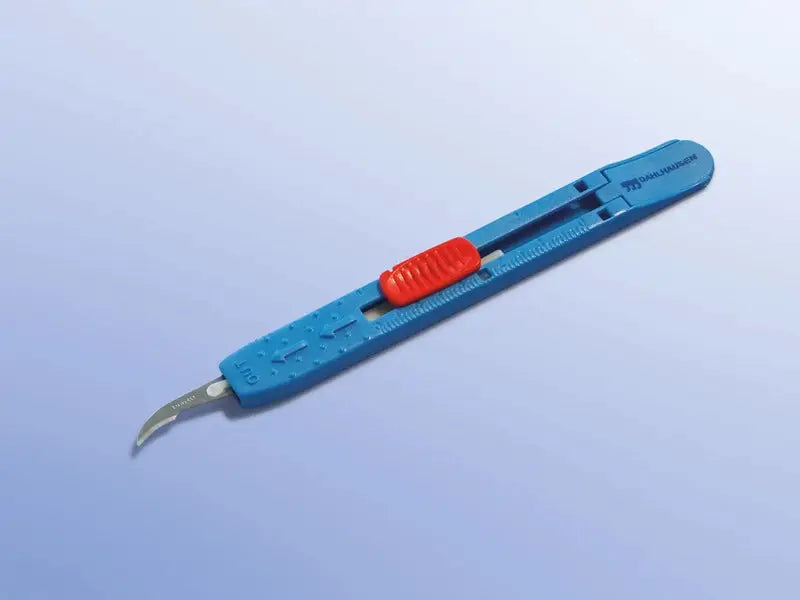 Fadentrennmesser Sicherheitsverschluss 10 Stück mit gebogener Klinge und blauem Griff für präzises Schneiden in medizinischen Anwendungen. Roter Sicherheitsverschluss schützt vor Verletzungen im Einsatzbereich Business & Industrial > Medical > Medical Instruments > Scalpels.