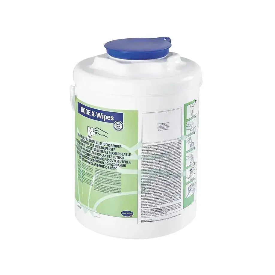 BODE X-Wipes Tuchspender mit blauem Deckel – kompatibles Vliestuchsystem für effektive Flächendesinfektion mit HARTMANN Desinfektionsmitteln.