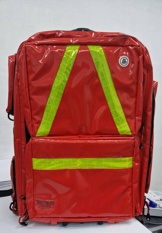 WaterStop PROFI Notfallrucksack in Rot mit gelben Reflektorstreifen, ideal für Notfalleinsätze im Gesundheitsbereich.