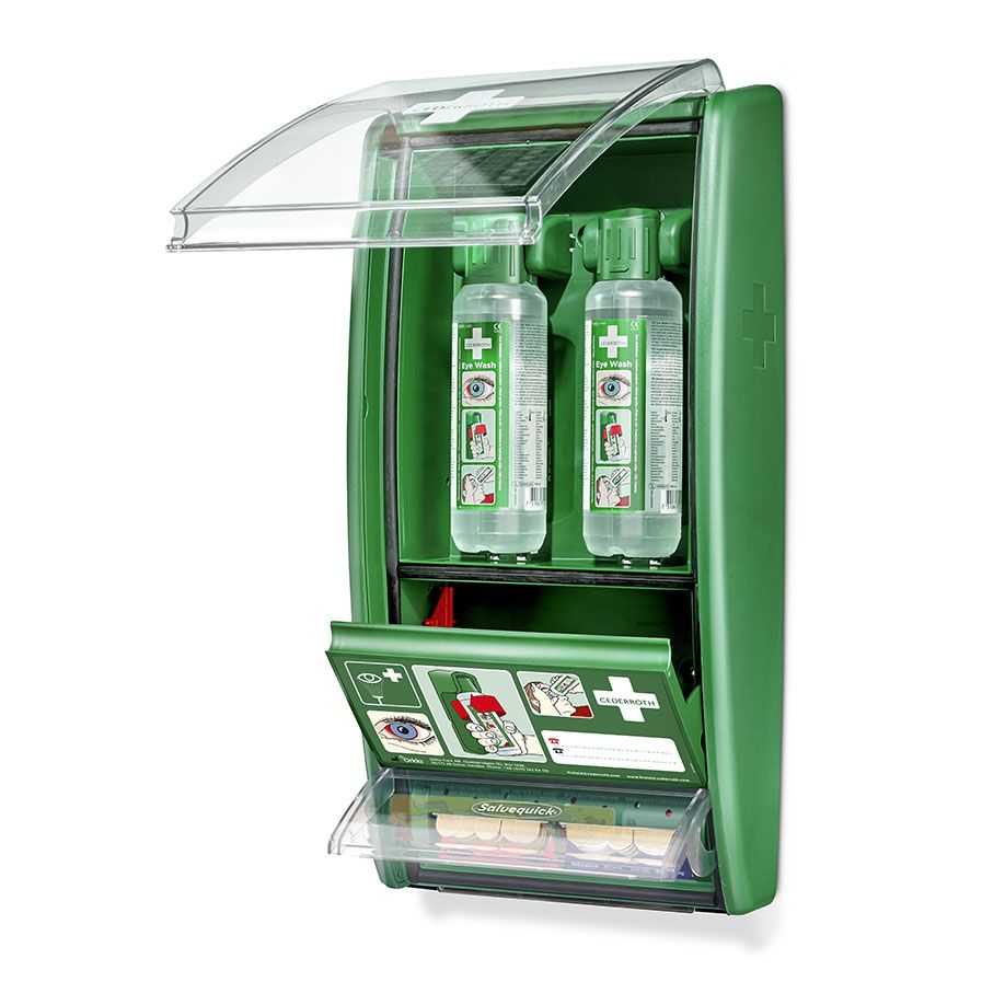 Cederroth Eye Wash Station mit 2 x 500 ml Augenspüllösung, Erste Hilfe Set für schnelle Augenreinigung in Notfällen, inklusive Pflasterspender.