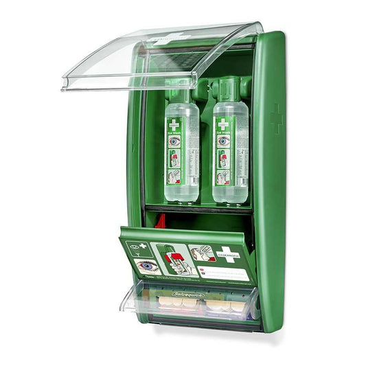 Cederroth Eye Wash Station mit 2 x 500 ml Augenspüllösung, Erste Hilfe Set für schnelle Augenreinigung in Notfällen, inklusive Pflasterspender.