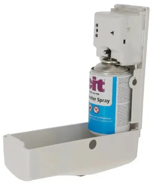 FlyBooster Insektenspray in automatischem Spender für effektiven Insektenschutz im Haushalt, ideal für Innenräume und Außenbereiche.
