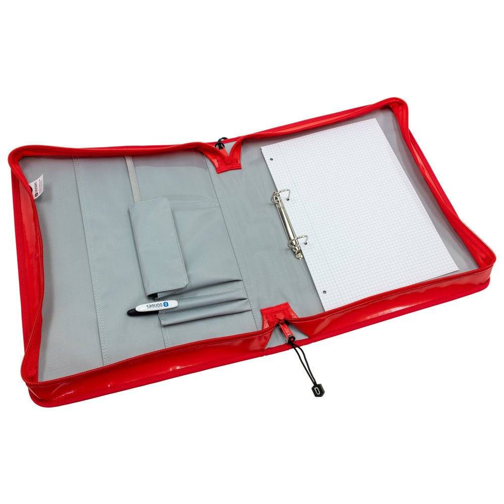 Dönges Komfort Mappe mit eingeheftetem kariertem Papier, Stifthalter und Organisationsfächern für effiziente Dokumentenverwaltung.