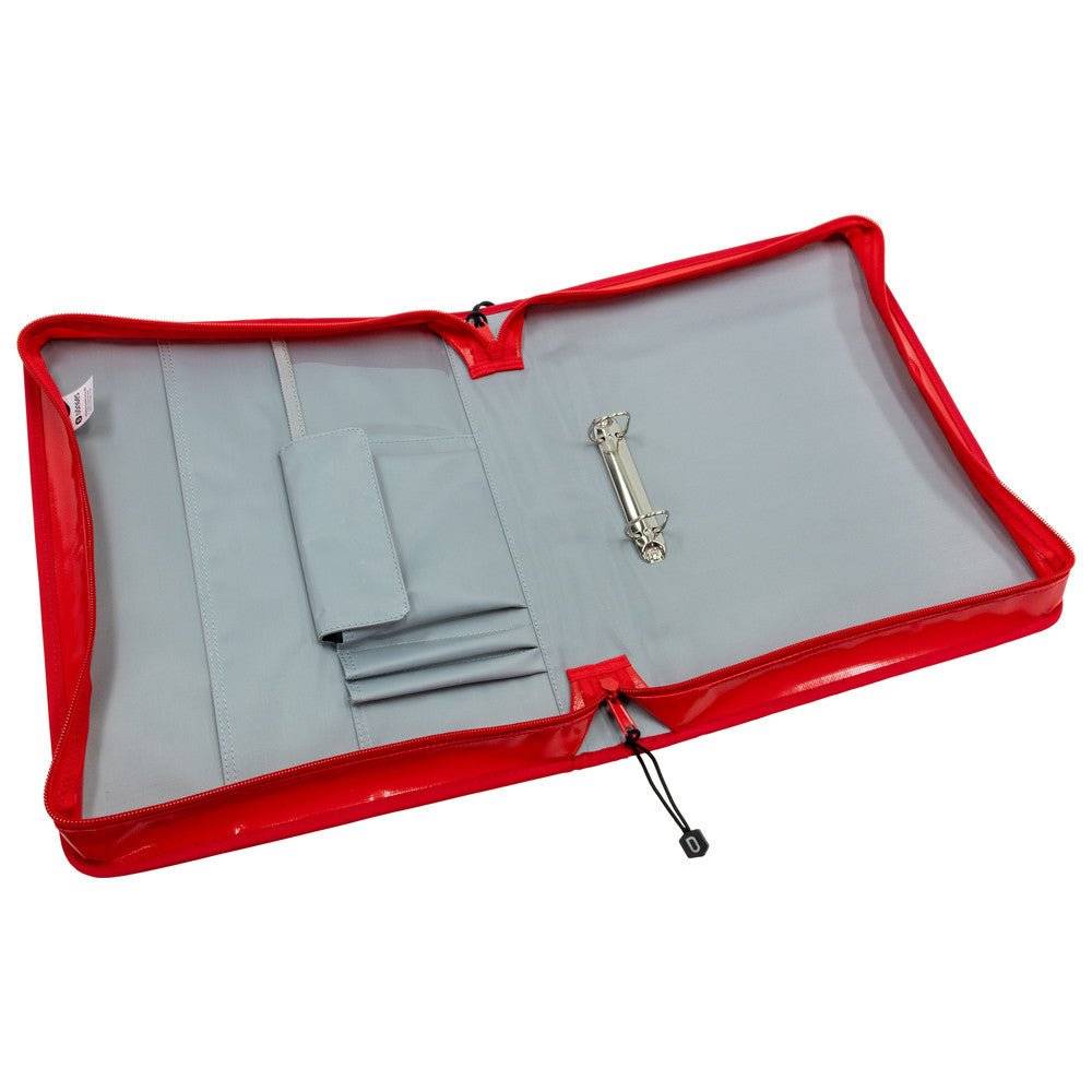 Geöffnete Dönges Komfort Dokumentenmappe mit Ringmechanik, Stiftschlaufen und Fächern, perfekt für geordnete Unterlagen im Büroalltag.