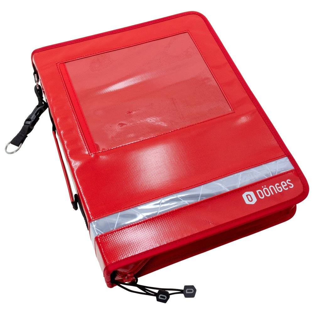 Dönges Komfort Mappe in rot/weiss mit Klarsichtfach und Reflektorstreifen, ideal für strukturierte Dokumentenablage im Büro oder Einsatzfahrzeug.
