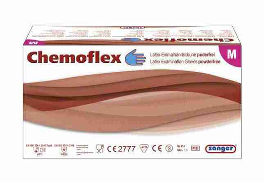 Sänger Chemoflex Latex Handschuhe - Einmalhandschuh | 50 Stück in puderfreier Ausführung, Verpackung mit CE-Zertifizierung für medizinische Nutzung.