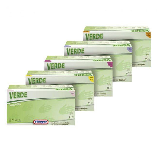 Verpackungen der Latex Einmalhandschuhe Aloe Vera in verschiedenen Größen, puderfrei mit gerauter Oberfläche für besseren Grip.