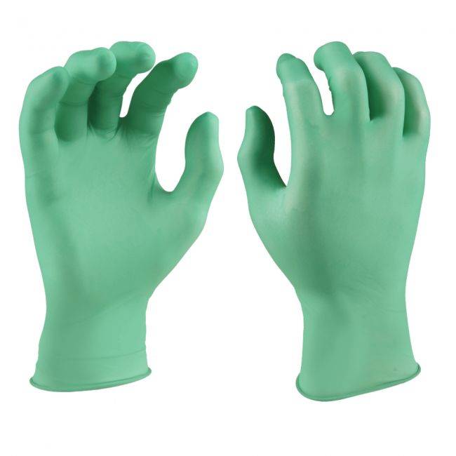 Grüne Latex Einmalhandschuhe Aloe Vera mit gerauter Oberfläche, ideal für sicheren Halt und Pflege in Arbeitsumgebungen.