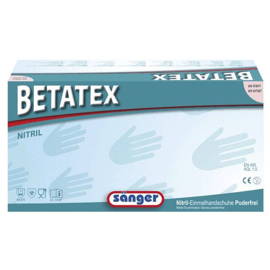 Verpackung der Einmalhandschuhe Nitril Betatex Weiß by Medasi.shop mit CE-Kennzeichnung, ideal für Industrie und Labore nach EG-Guidelines.
