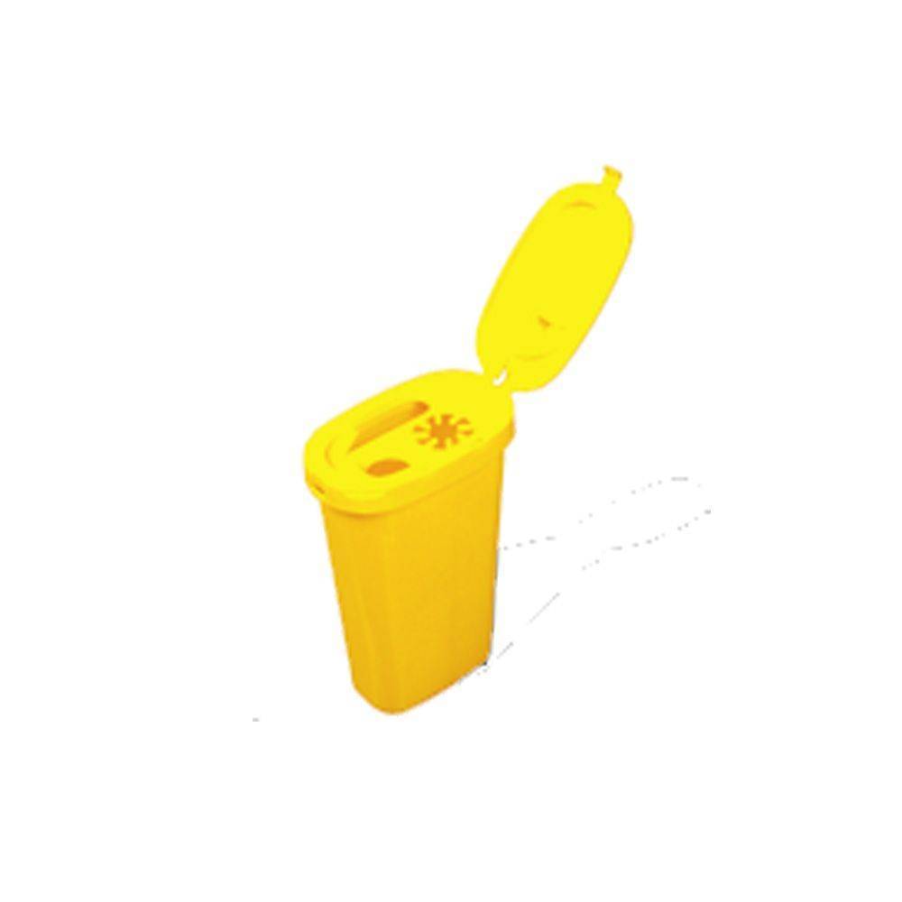 Gelbe Entsorgungsbox für Kanülen und Skalpelle mit Klappdeckel, ideal für medizinische Injektionen in Kliniken und Praxen.