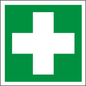Rettungsschild Erste Hilfe nach ISO 7010 mit weißem Kreuz auf grünem Hintergrund. Erhältlich in verschiedenen Materialien und Größen, langnachleuchtend und selbstklebend.