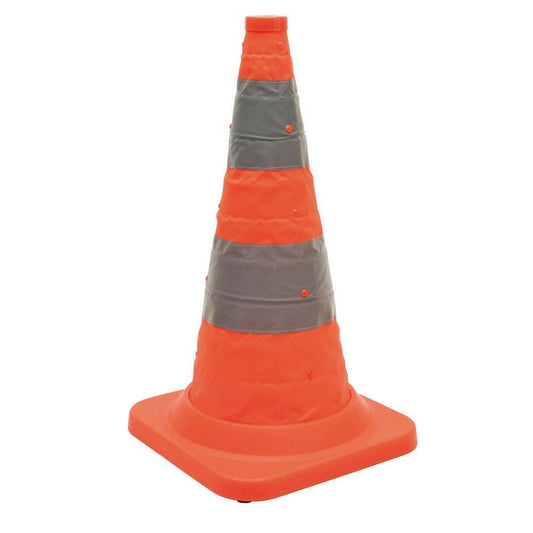 Faltleitkegel Pro-Version retroreflektierend mit orange-grauen Streifen für den Einsatz im Straßenbau und bei Feuerwehreinsätzen.