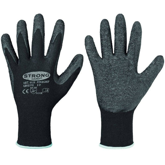Arbeitshandschuhe mit schwarzer Beschichtung und grauer, rutschfester Oberfläche, Modell „Strong Hand“, Größe 10, geeignet für präzises Arbeiten und erhöhten Griffschutz.