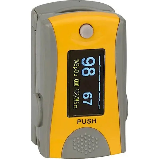 Fingerpulsoximeter Biolight M70 in Gelb-Grau mit OLED-Anzeige für SpO2 und Pulsfrequenz – ideal für präzise Messungen unterwegs.
