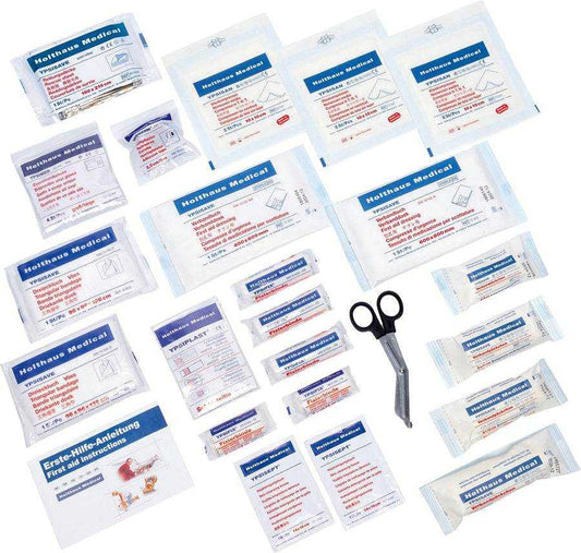 Füllsortiment nach DIN 13157 detektierbar Medasi.shop mit Pflastern, Kompressen, Verbänden und Schere für betriebliche Erste Hilfe Sets.