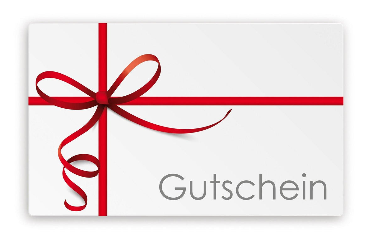 Weiße Geschenkkarte mit rotem Schleifenband und dem Wort „Gutschein“ in grauer Schrift auf der rechten Seite.