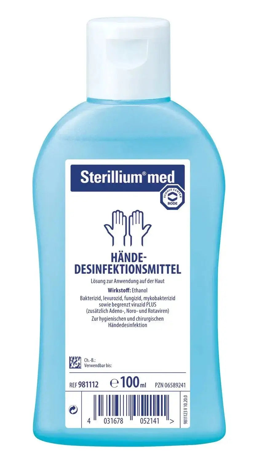 Sterillium med Händedesinfektion 100 ml Flasche, ethanolisch, viruzid und hautschonend, ideal für unterwegs und hygienische Anwendungen.
