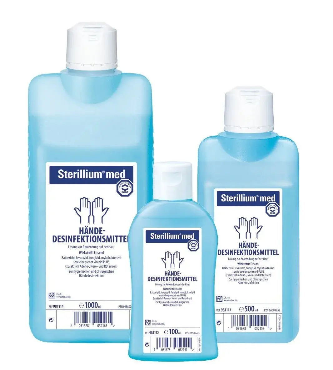 Sterillium med Händedesinfektion in 100 ml, 500 ml und 1000 ml Flaschen, breites Wirkspektrum, farb- und parfümfrei für professionelle Nutzung.