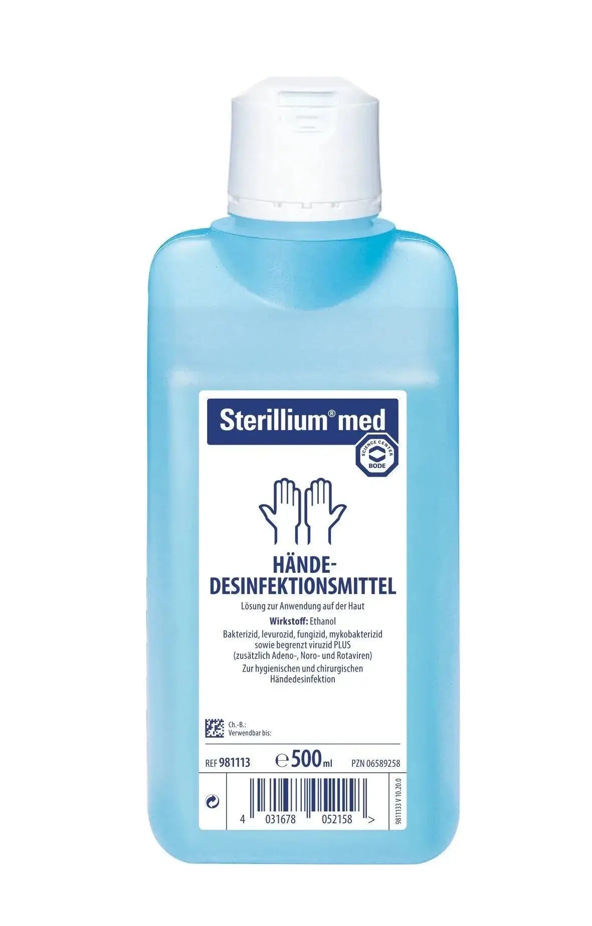 Sterillium med Händedesinfektion 500 ml Flasche mit breitem Wirkspektrum, farb- und parfümfrei für hygienische Handdesinfektion.