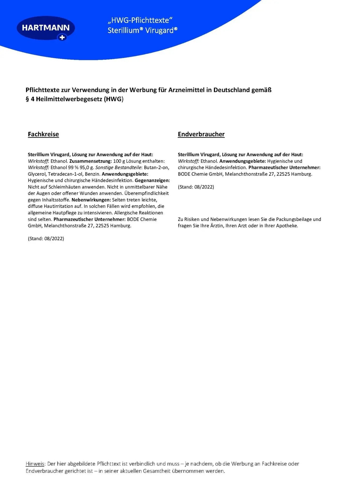 Produktinformation zu Sterillium® Virugard® Händedesinfektion mit Wirkstoffen, Anwendungsgebieten und rechtlichen Hinweisen gemäß HWG.
