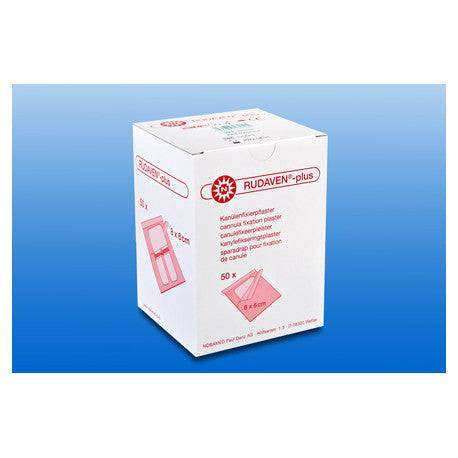 Verpackung der RUDAVEN®-plus Kanülenfixierpflaster 50 Stück, steril und hypoallergen für sichere Fixierung von Venenverweilkanülen.