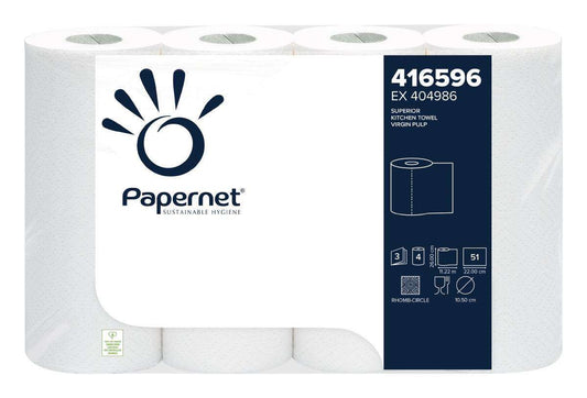 Papernet Superior Küchenrollen – 3-lagig, saugstark & weiß, 6 Rollen aus 100 % Zellstoff für hygienische Reinigung in Küche & Haushalt.