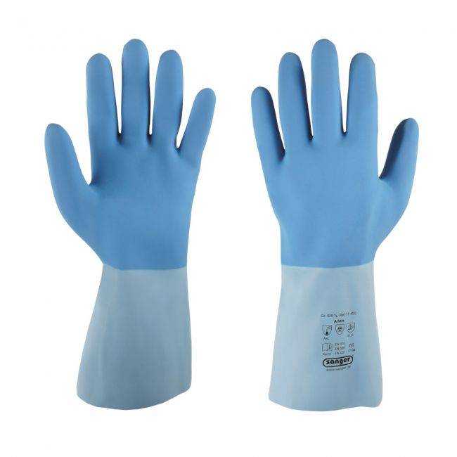 Latex-Beschichtung Baumwolljersey - Handschuhe in Blau mit langer Stulpe für optimalen Schutz vor Chemikalien, Nässe und Kälte im Arbeitsumfeld.