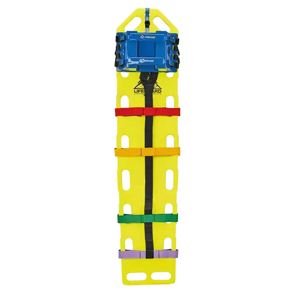 Lifeguard Spineboard mit 10-Punkt Fixiersystem und HeadFix Kopffixierung, gelb, mit 16 Griffen gemäß EN 1865-1 für Wasserrettung geeignet.