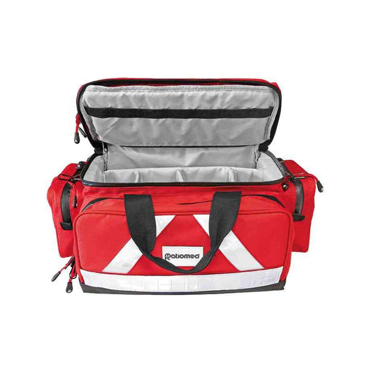 Große Notfalltasche ''WasserStopp'' ratiomed in Rot, leer und geöffnet mit mehreren Innenfächern für Erste-Hilfe-Ausrüstung.