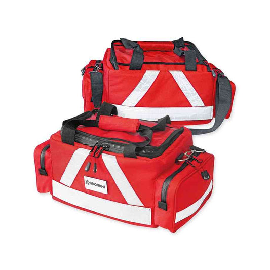 Notfalltasche ''WasserStopp'' ratiomed mittel, rot leer mit reflektierenden Streifen und robusten Reißverschlüssen für medizinische Einsätze.